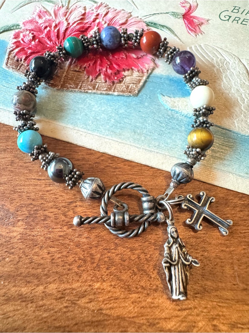 Virgin Mary Rosary Cross 925 Sterling Silver Multi-Stone Beaded Toggle Bracelet
